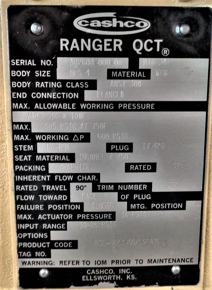 Cashco 4" NPS 300# Ranger QCT WCB Control Valve